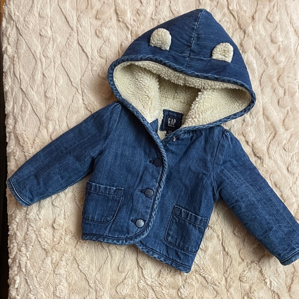 GAP Kids Blue Denim Jacket with Cream Fleece Hood